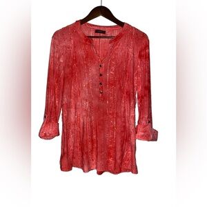 Cocomo Women Blouse L Floral Orange Pleated Stretch Sequin Roll Tab Sleeve
